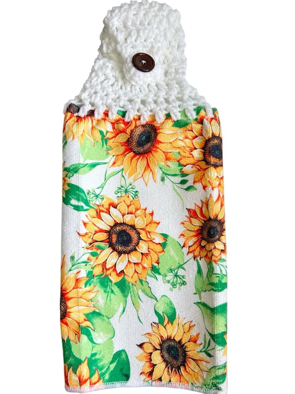 Hand Crafted Sunflower Hanging Kitchen Hand Towel - White, Yellow, Green